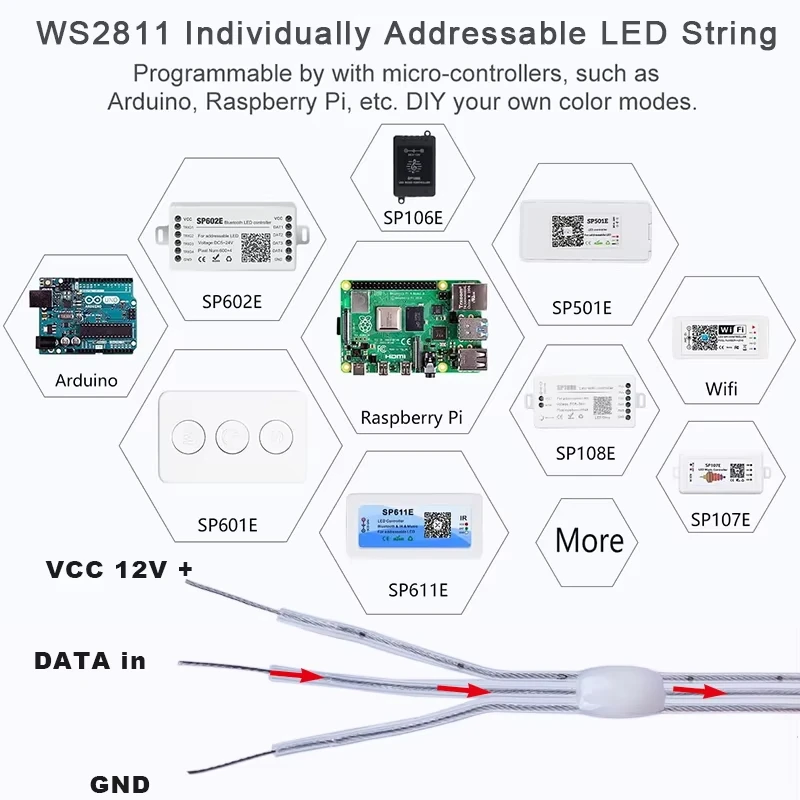 WS2811 LED Strip Lights Black Wire DC5V/12V 10M-100M 1.5cm-10cm Pitch RGB IC Addressable Pixel String Full Color IP67 3Pin