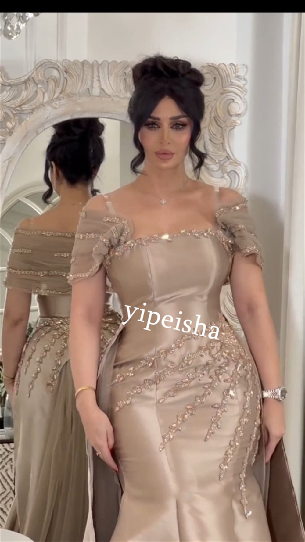 Customized Jiayigong  Satin Sequined Valentine's Day Trumpet Off-the-shoulder Bespoke Occasion Gown Long Dresses Saudi Arabia