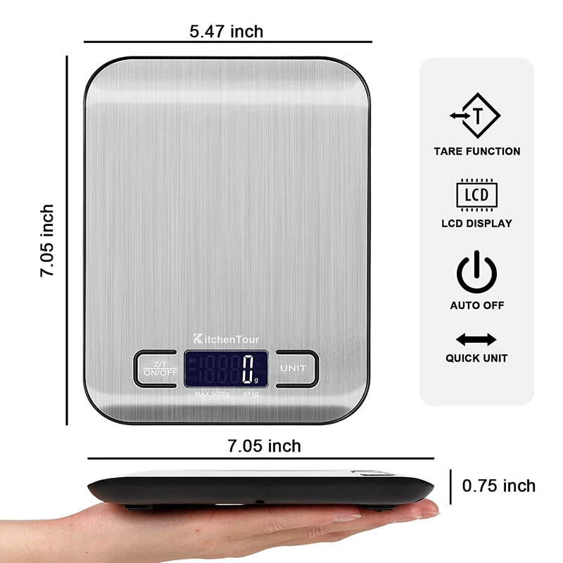 เครื่องชั่งดิจิตอลอิเล็กทรอนิกส์น้ำหนัก5กก. 10กก. 1ก. เครื่องมือวัดสมดุลอาหารทำจากสเตนเลสสตีลอุปกรณ์จัดแสดง LED เครื่องชั่งครัวสีดำ