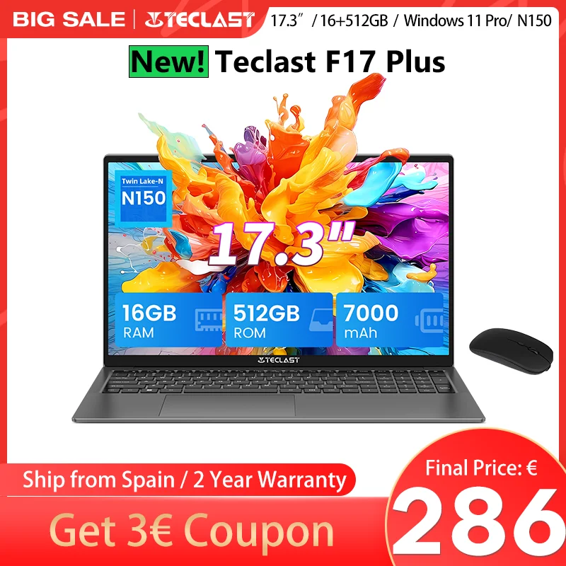 Teclast F17Plus Laptop 17,3 inch, 16 GB RAM, 512 GB SSD, Intel N95, Windows 11 Pro, laptop met achtergrondverlicht toetsenbord, 180° kantelbaar, mini-HDMI, 3x USB 3.2