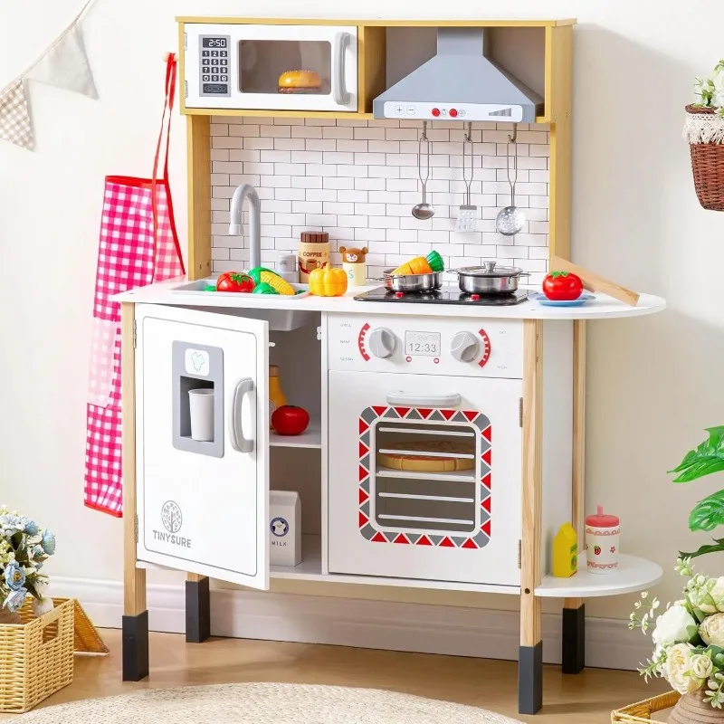 Play Kitchen for Kids, Wooden Kids Play Kitchen Playset Chef Pretend Play Set for Toddlers with Real Lights & Sounds