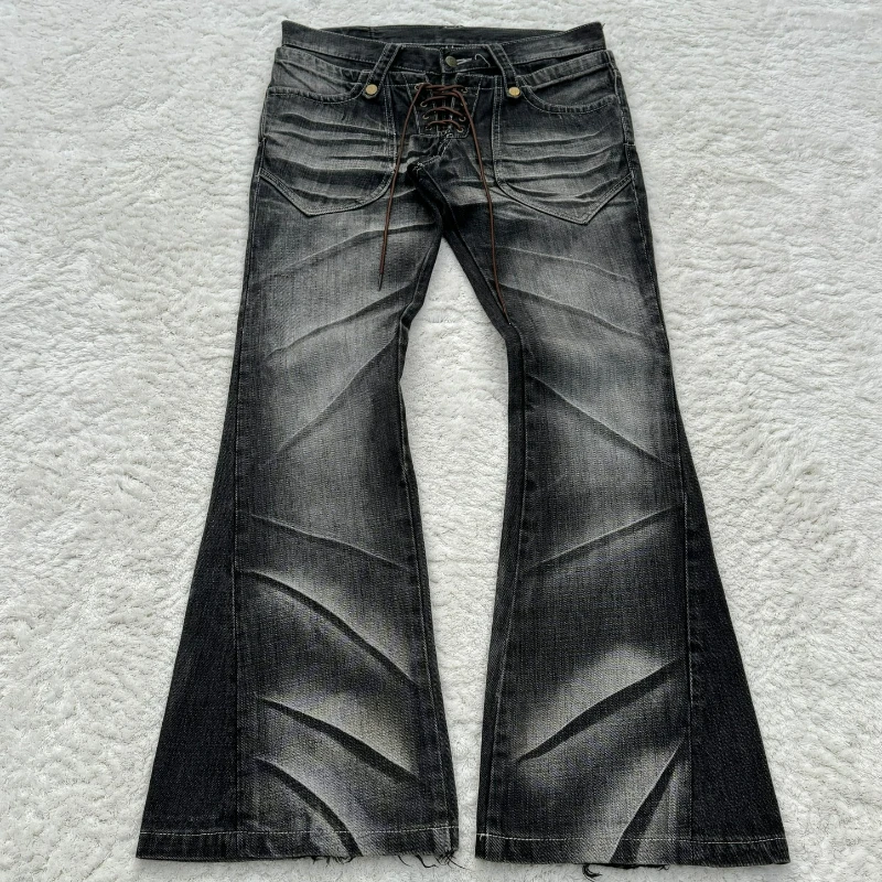 Pantalones vaqueros acampanados Y2k con cordones, estampados de patas lavados Retro, pantalones vaqueros ajustados de doble cintura para hombre, ropa gótica de calle alta, pantalones vaqueros con corte de bota Unisex