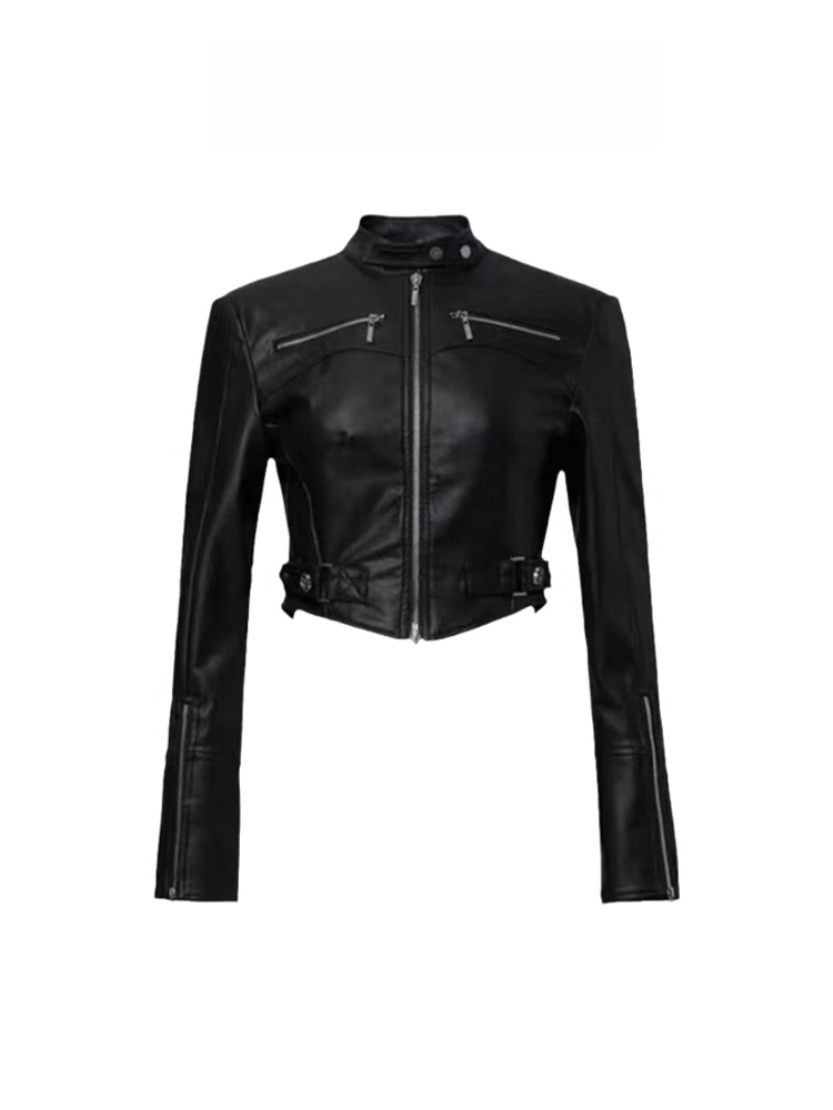 Jaqueta Curta de Couro PU Preta para Mulheres Estilo Garota Picante Design de Roupas de Motocicleta Sensação Nova Chegada da ...