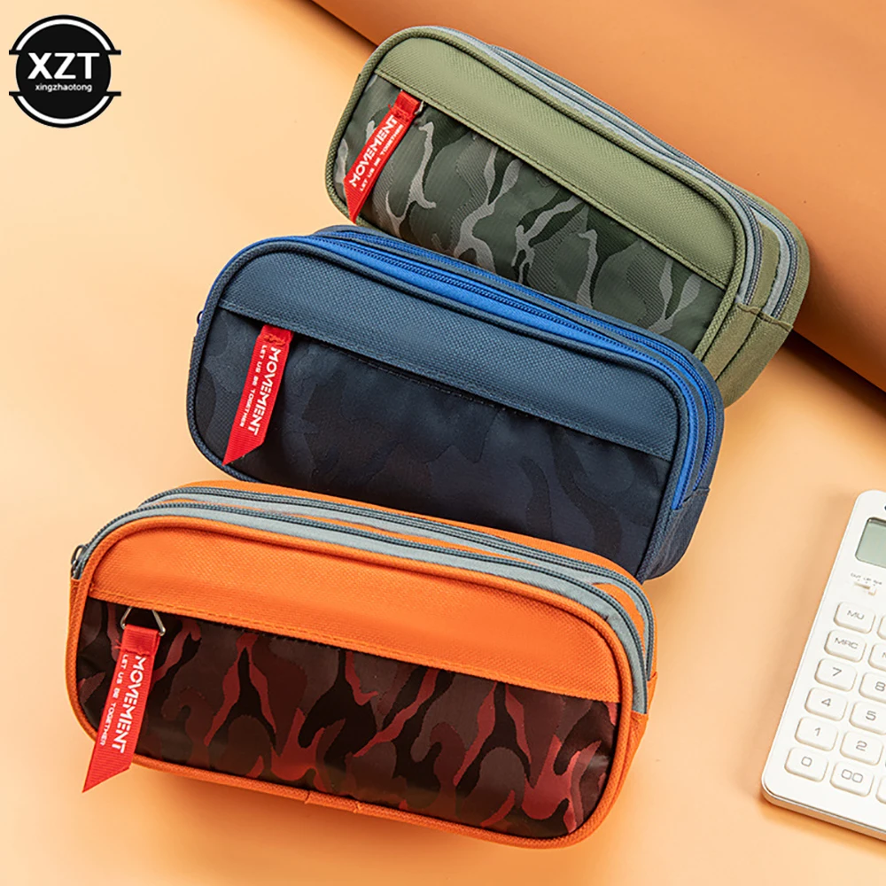 Estuche de lona de camuflaje con doble cremallera, estuche de lápices para niños y niñas, bolsa de papelería escolar, suministros para estudiantes, estuche de bolígrafo, bolsas de almacenamiento