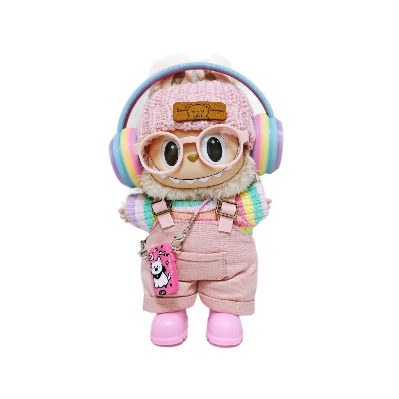 Labubu-Kleidung Rosa Overalls, bunte Kopfhörersets, regenbogenfarbene Faltenrock-Kleidung, Labubu-Zubehör (keine Puppen)