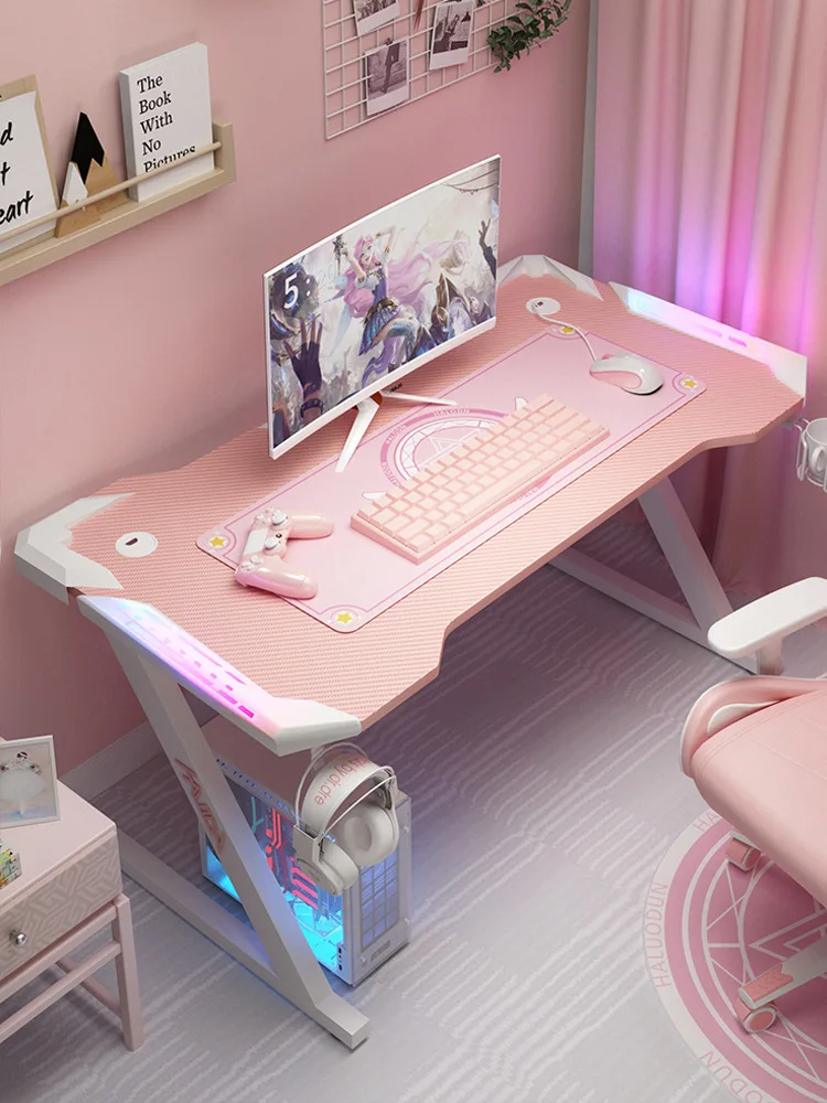 Nuovo tavolo da gioco rosa con luce RGB scrivania per computer con ancoraggio femminile scrivania da studio per camera da letto scrivania nera per ragazzo 100/120CM