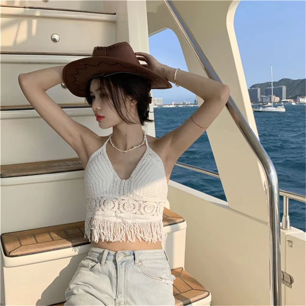 Ropa interior bohemia con flecos y espalda descubierta para mujer, ropa interior con cuello Halter y lazo, chaleco con tirantes y borlas bordadas, camiseta sin mangas corta