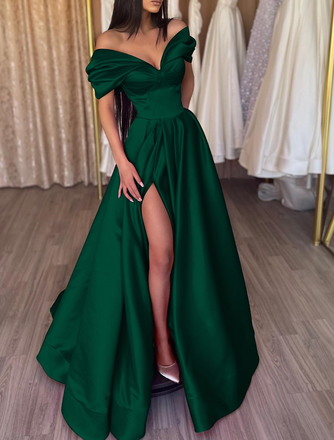 RFYR Elegancka plisowana suknia wieczorowa z satynowym rozcięciem z boku Sukienka wieczorowa z odkrytymi ramionami Sukienka na studniówkę dla kobiet robes de soirée Customized