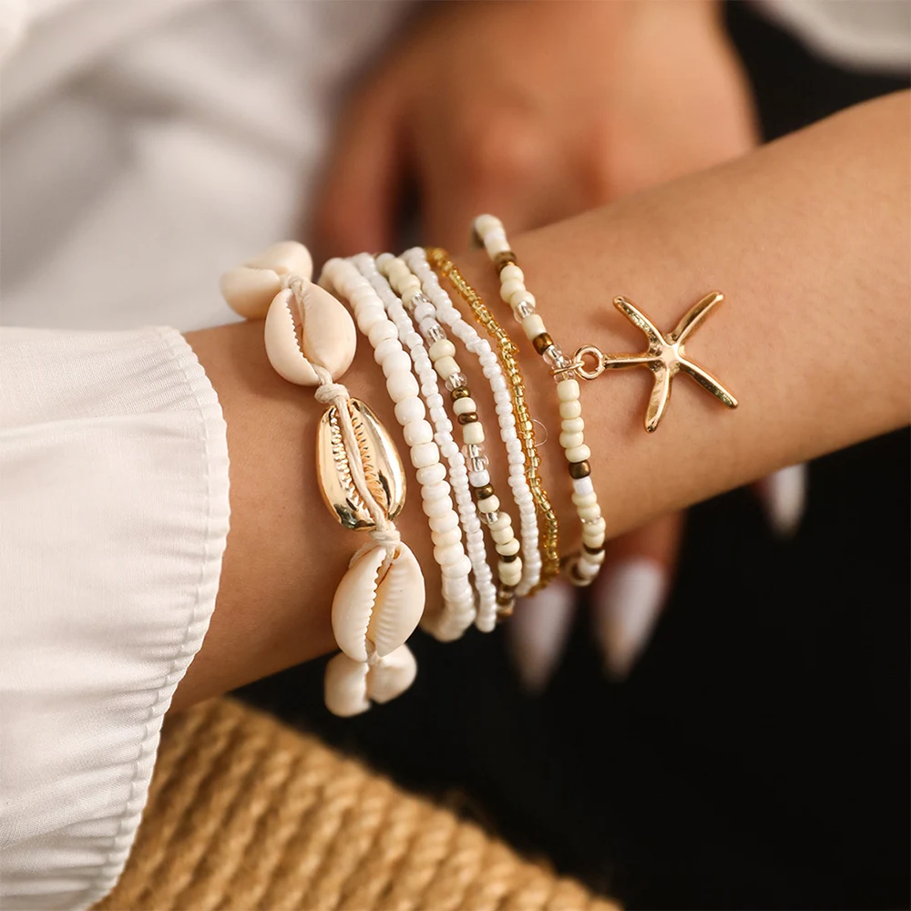 7 pezzi braccialetto di corda con ciondoli a conchiglia stile spiaggia braccialetto di perline di semi per braccialetti impilabili estivi oceano da donna