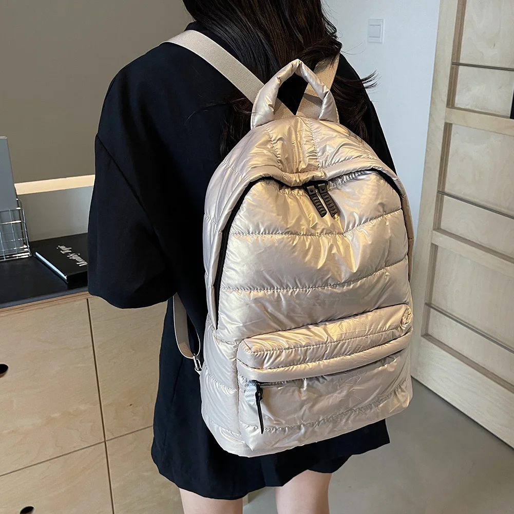 Mochila acolchada de plumón de gran capacidad para estudiantes, bolsa de libros informal de Color sólido, mochila con correa ajustable para adolescentes, Invierno
