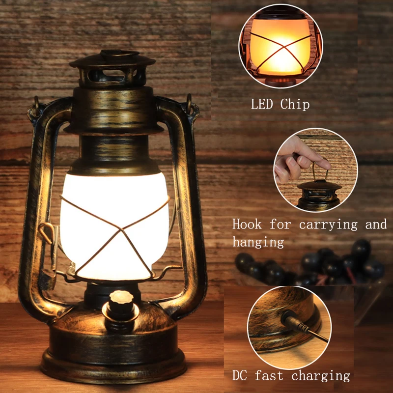 Retro แบบพกพาโคมไฟไฟฟ้าโคมไฟน้ํามันก๊าดกลางแจ้งพร้อมรีโมทคอนโทรลแบตเตอรี่/AC Powered Bronze LED โคมไฟตั้งโต๊ะ