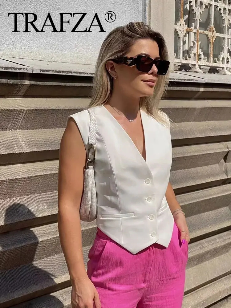 Trafza Frauen kurze Weste elegante solide einreihige V-Ausschnitt Weste Frühling lässig Frau Mode Oberbekleidung Westen