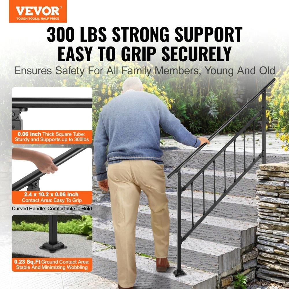 Adjustable Wrought Iron Outdoor Stair Railing for 1 -4 Steps, Matte Black Handrail with Installation Kit for concrete Steps