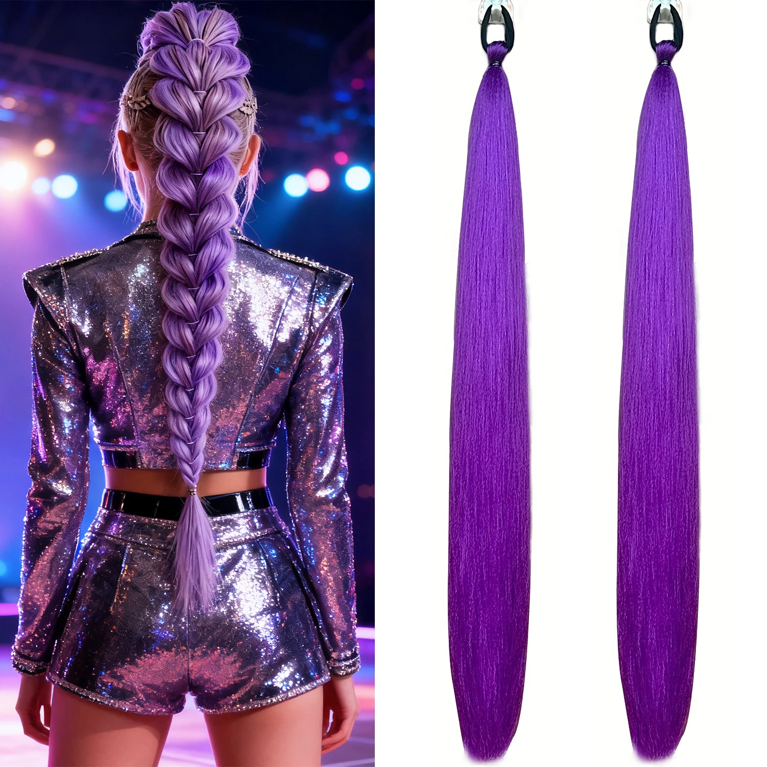 2 uds extensión de cola de caballo púrpura sintética banda de goma cola de caballo larga y recta accesorios para el cabello de mujer para Halloween
