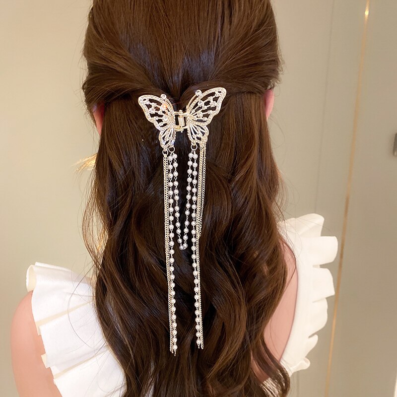 Fermaglio per capelli a farfalla con accessori per capelli lunghi con nappa per donna Elegante forcina per capelli con strass imitazione perla di squalo