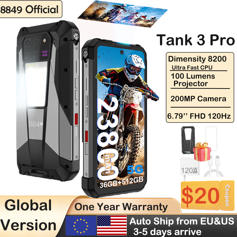 8849 tank 3 pro unihertz projetor robusto smartphone 23800mah 5g android14 telefone ao ar livre 512gb + 36gb 120w carregamento rápido duplo sim
