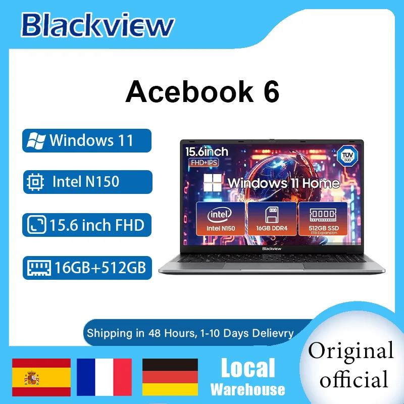 Laptop Blackview AceBook 6 15,6 cala FHD IPS Intel Twin Lake N150 16 GB RAM 512 GB SSD + możliwość rozszerzenia do 1 TB Windows 11 Home Notebook