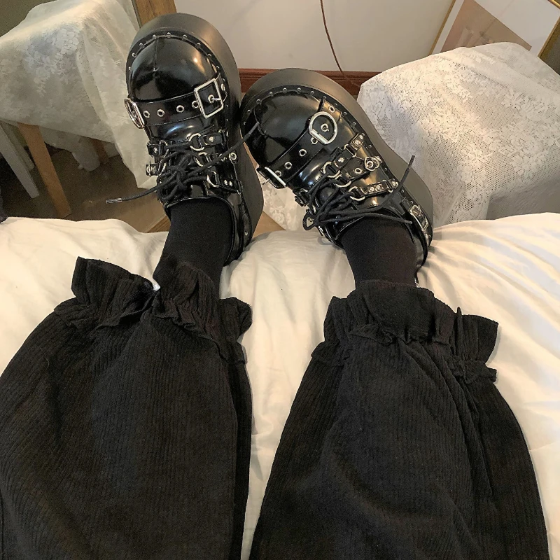 Japanese Lolita Womens Kawaii High Waist Corduroy Pants Sweet Bow Ruffles Wide Leg Sweatpants Girly Clothing Loose Cute Trousers