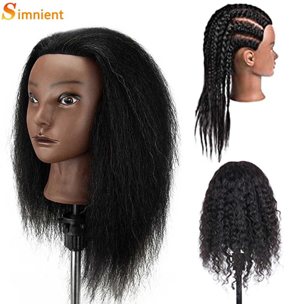 Manequim Africano Cabeça com Tripé, 100% Cabelo Real, Formação Cabeleireiro, Manequim Cosmetologia Cabeça Boneca, Trança Styling