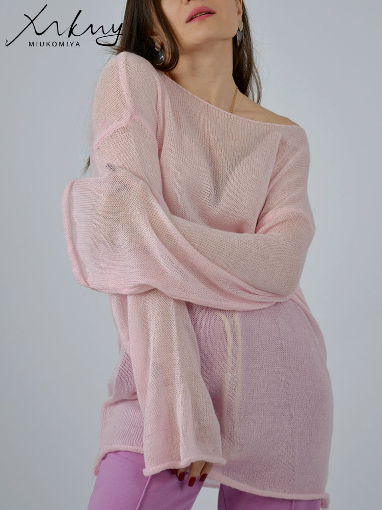 赤 Tシャツオーバーサイズ薄型ニットプルオーバー女性の夏のトランペット長袖 Tシャツ女性のためのルーズトップ Tシャツ透明セーター