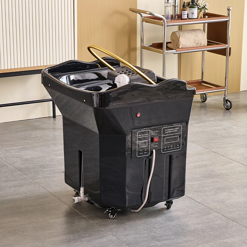 Letto Head Spa con serbatoio dell'acqua, sedia per shampoo mobile, lavabo nero. Bacino per shampoo portatile