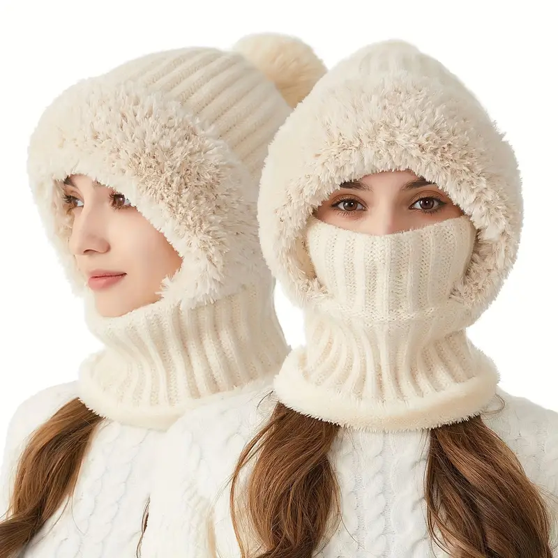 Chapéu de malha forrado de lã de inverno com abas de orelha, polaina de pescoço com capuz quente e à prova de vento para ciclismo ao ar livre