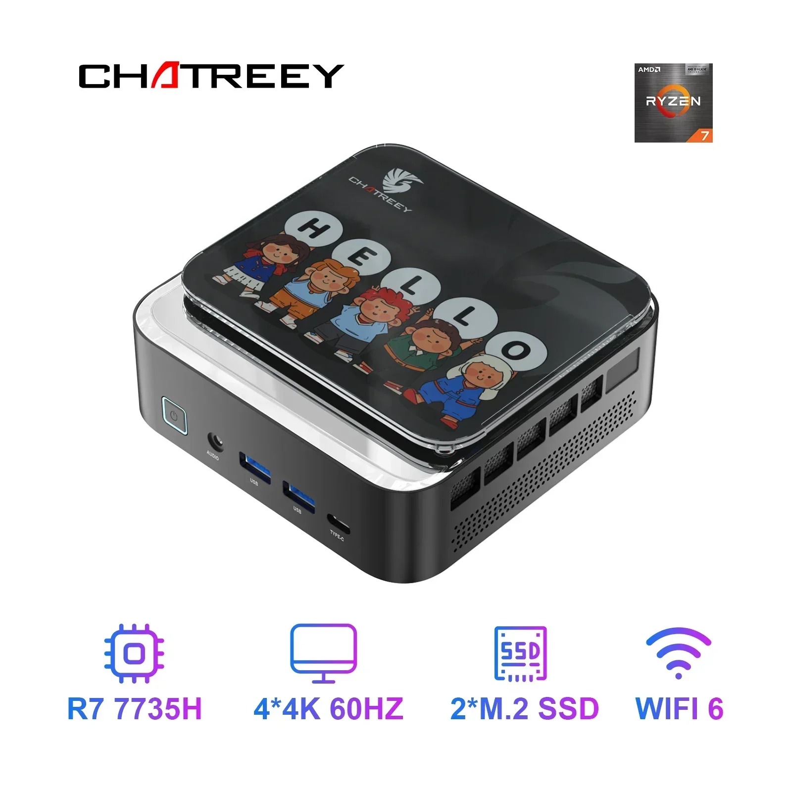 Chatreey AN3P Mini-PC R7 7735HS 680M Gaming-Desktop-Computer mit WiFi 6/Bluetooth 5.2/HDMI/DP