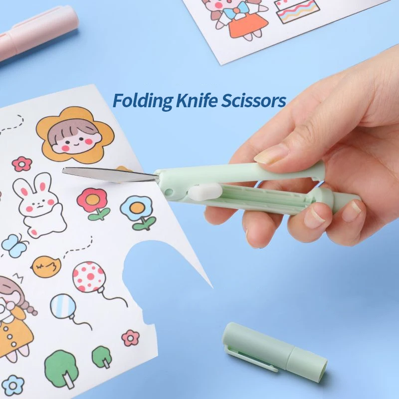Mini Foldable Scissors with Pen Knife 2 in 1 Paper Cutter Utility Knife DIY Art Crafts Cutting Tools Kawaii Stationery Office
