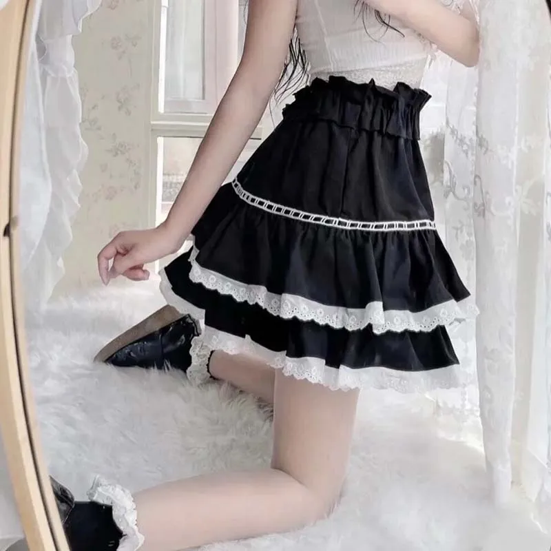 Spitze Rüschen A-Linie Rock Frauen hohe Taille Tutu elastische Taille Lolita süße süße adrette Stil Faldas schwarze Kuchen Röcke