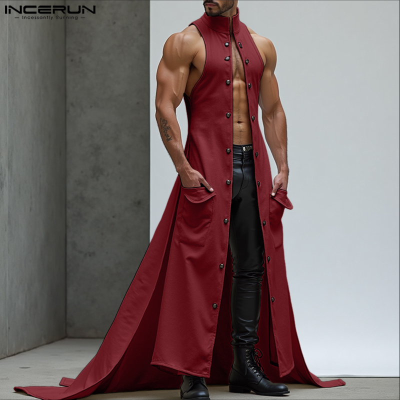 INCERUN мужские длинные стильные жилеты с воротником-стойкой без рукавов на пуговицах, модные мужские жилеты, уличная одежда, однотонные жилеты нестандартной формы 2025 года, S-5XL