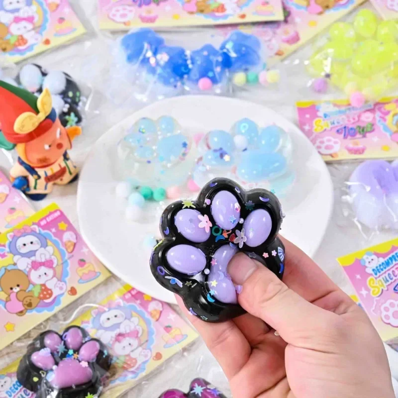Kawaii Cute Cat's Paw TPR Pinch Toy Slow Rebound Blingbling Squeeze Decompression Toy Transparent Cube PU Sensory Toy Gifts