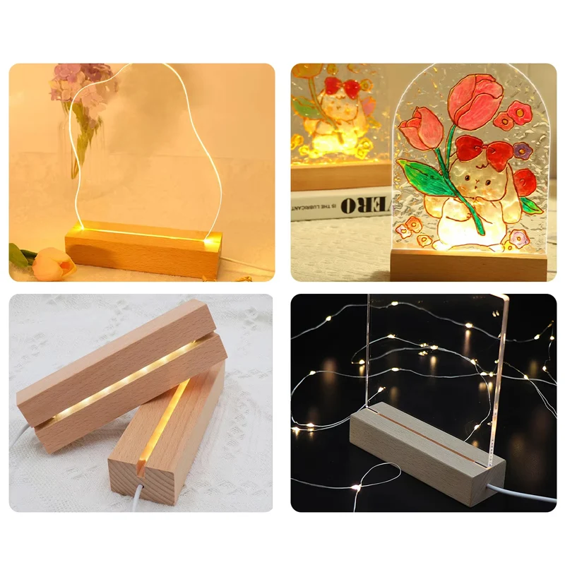 Base per display a LED in legno da 15 cm Supporto per luce USB rettangolare per ornamento artistico in resina di vetro cristallo Base per lampada da notte in legno Supporto per luce a LED