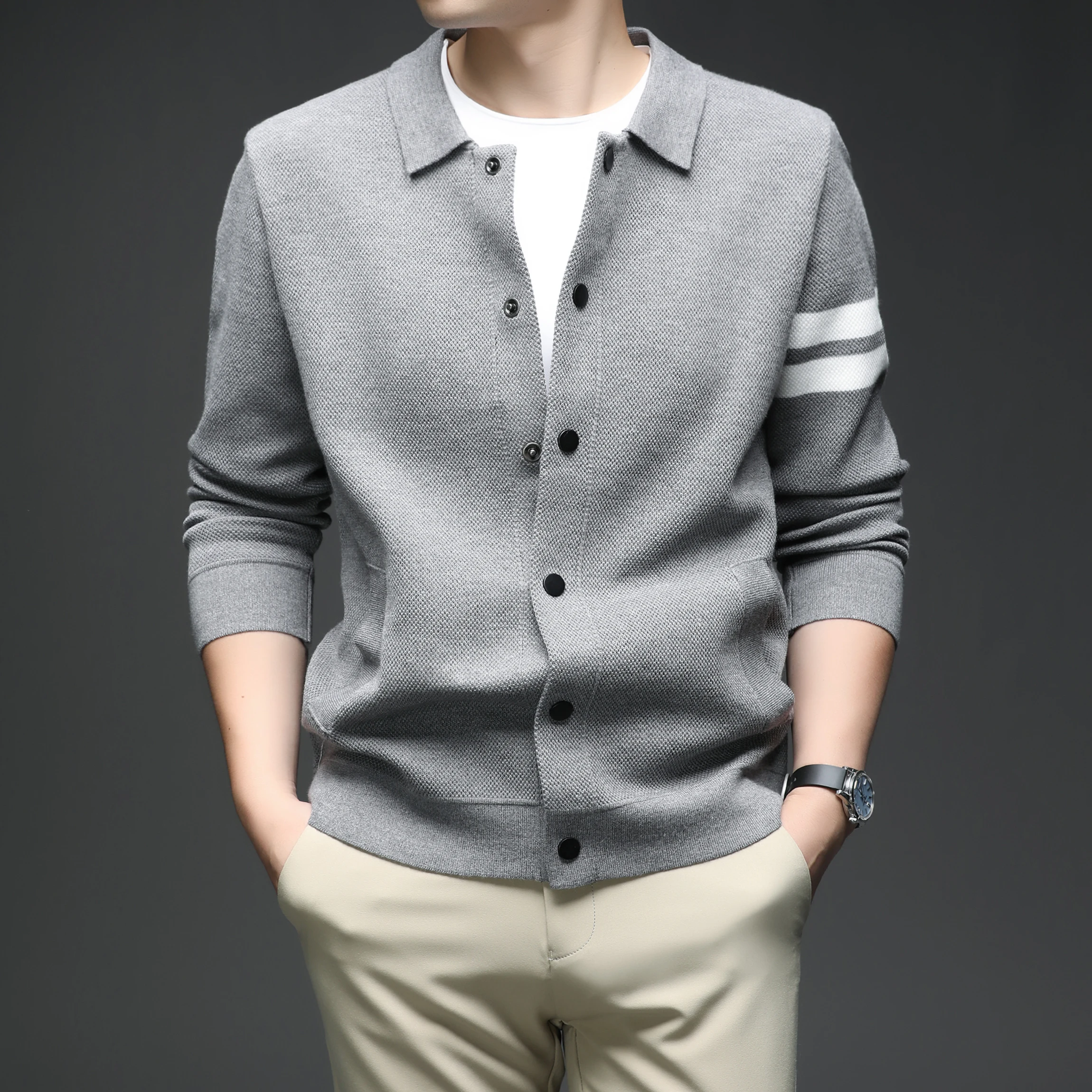 Cardigan de malha masculino gola outono e inverno camisola masculina moda versátil líder camisola jaqueta