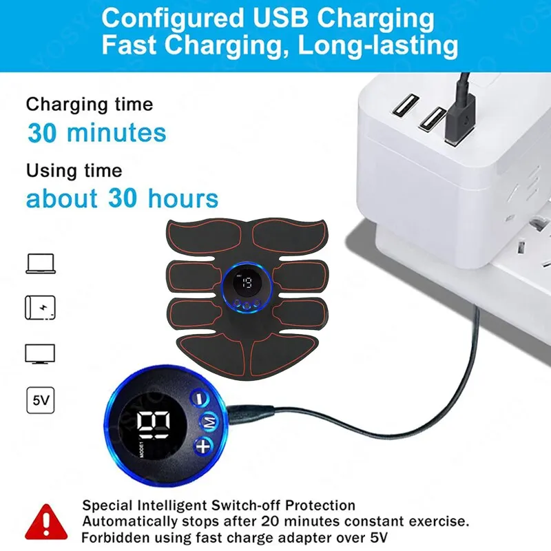 Massageador muscular abdominal fitness abs braço treinamento remendos instrumento de exercício muscular carregamento usb casa homem
