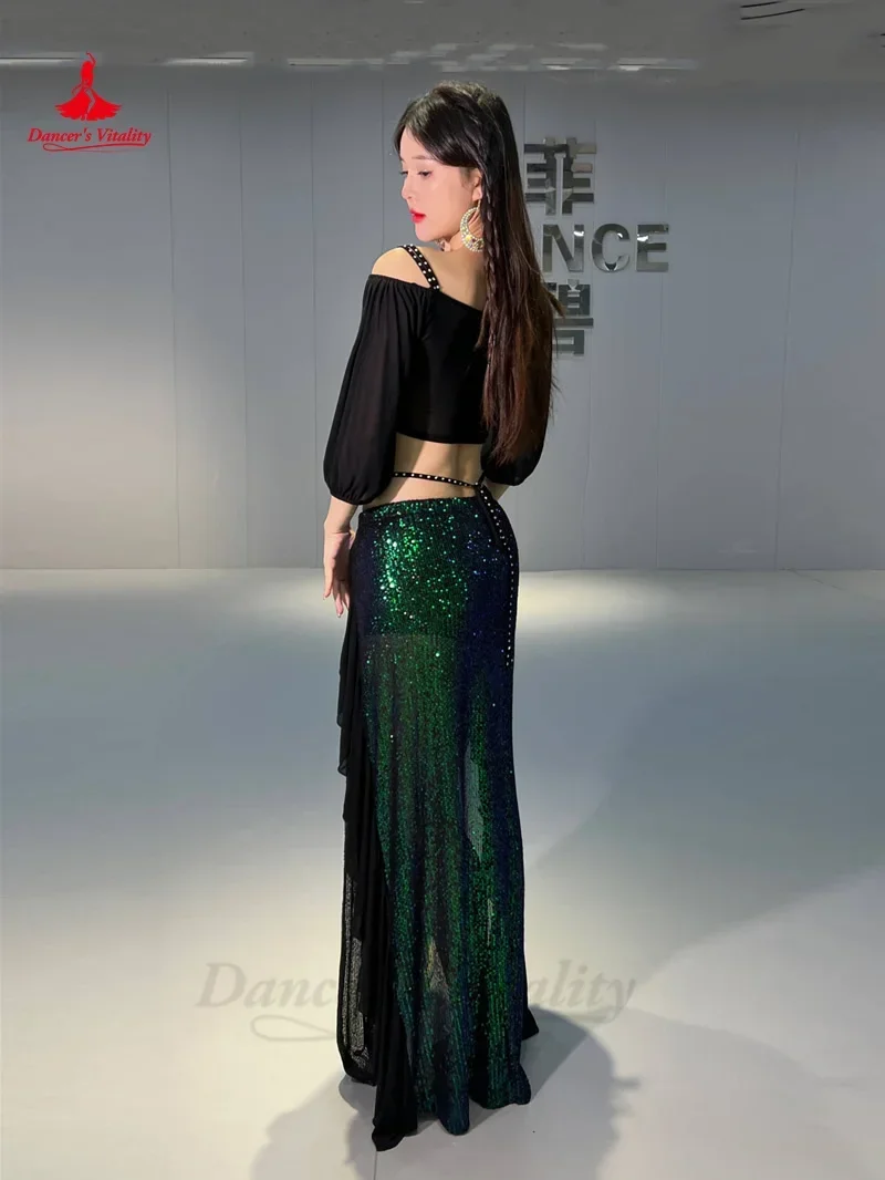 여성용 밸리 댄스 의상 세트 반팔 탑 + 스플릿 롱 스커트 2pcs 오리엔탈 프로페셔널 세트 밸리 댄스 복장 복장