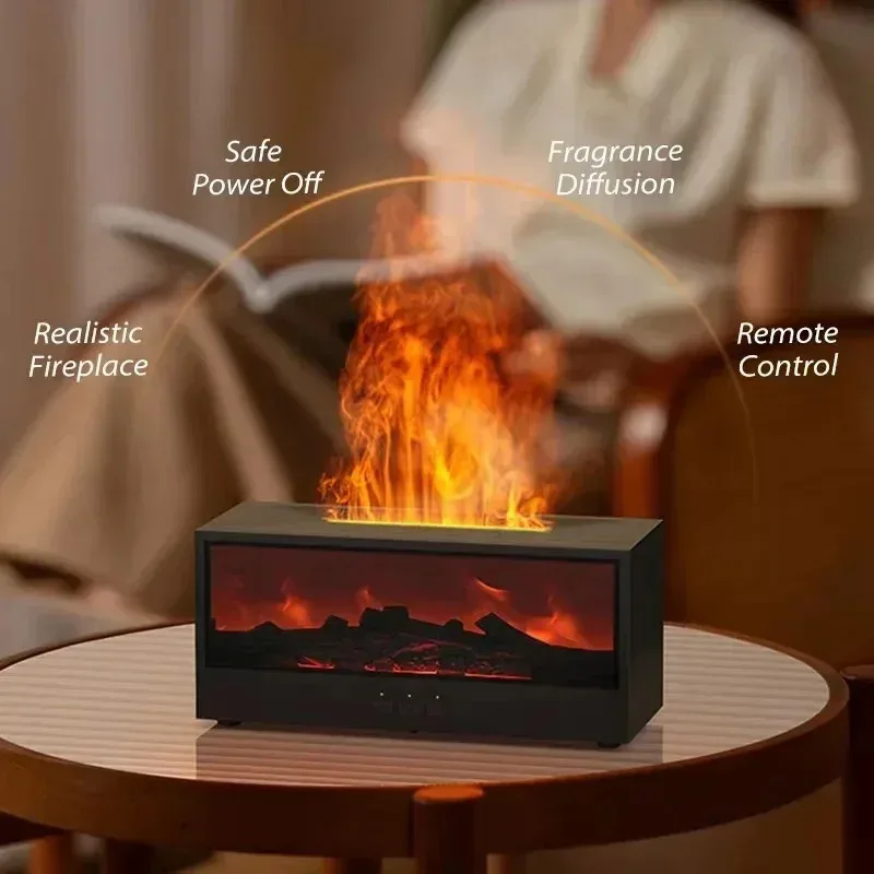Symulowany aparat do aromaterapii z efektem płomienia 3D, nawilżacz olejków eterycznych, kolorowe oświetlenie atmosferyczne z pilotem, prezent na święta.