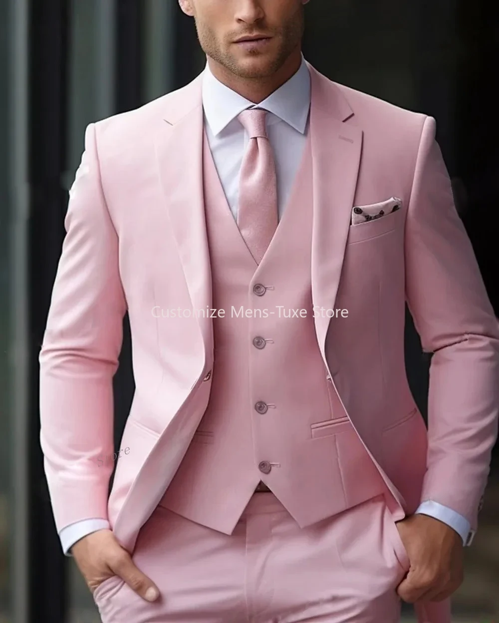 ใหม่ Beige สูทผู้ชายธุรกิจ Tuxedos อย่างเป็นทางการ 3 ชิ้นชุดเสื้อแจ็คเก็ตกางเกงเดี่ยวเจ้าบ่าวเจ้าบ่าวงานแต่งงานพรหม