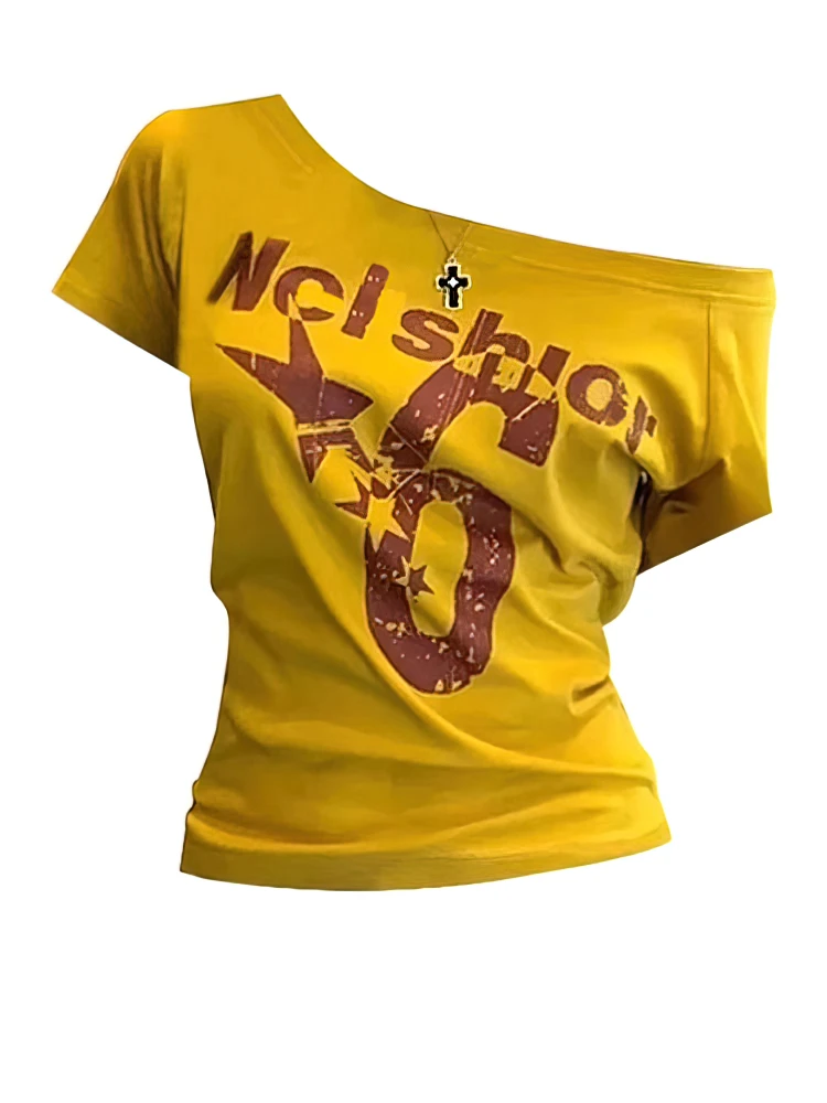 Y2k-Top deportivo con hombros descubiertos para mujer, camiseta Sexy Vintage de manga corta de los años 2000, Top corto básico informal para mujer