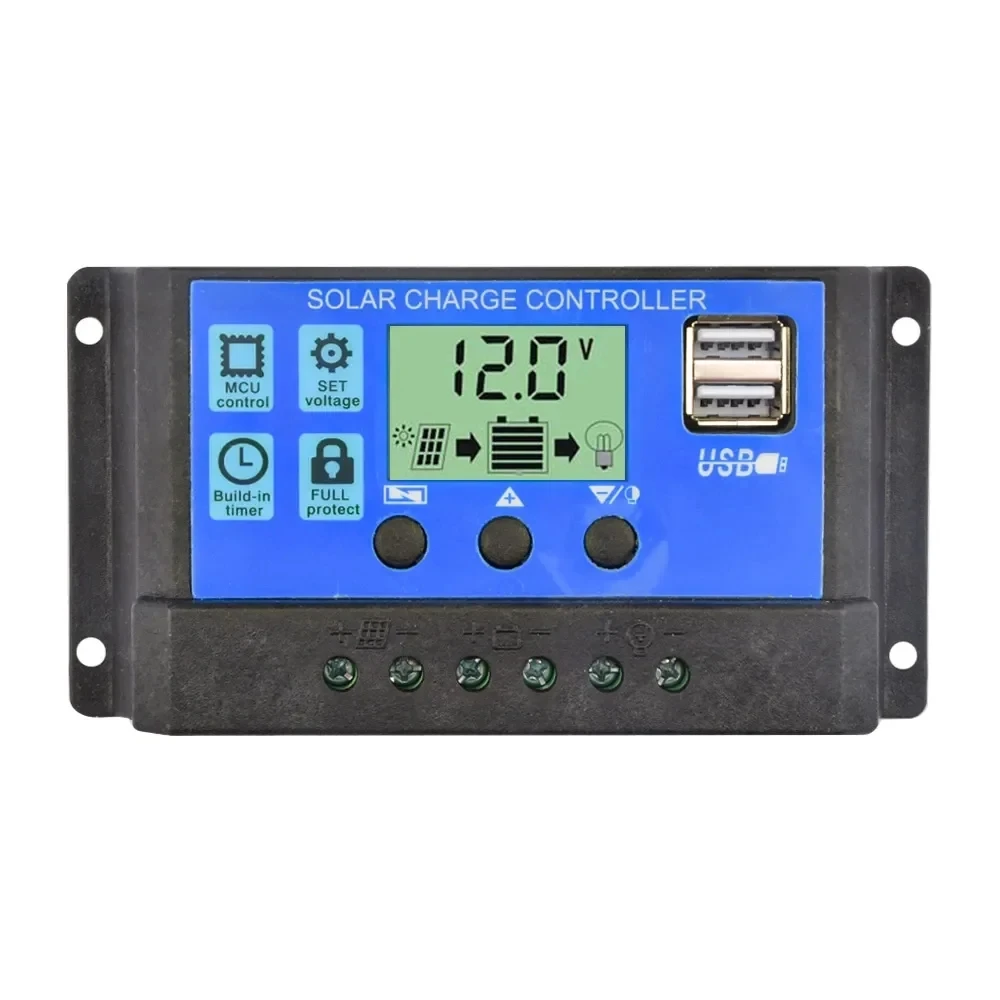 ตัวควบคุมการชาร์จพลังงานแสงอาทิตย์ 12V/24V PWM 10A 30A พร้อมการตั้งค่าตัวจับเวลาจอแสดงผล LCD แบบปรับได้