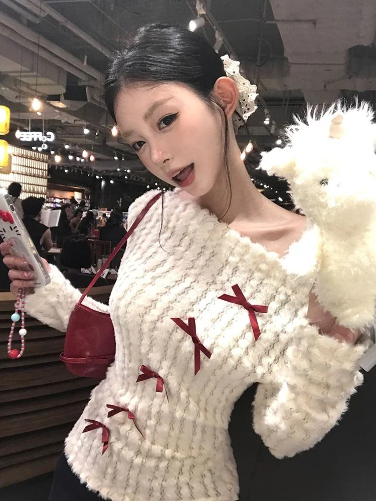 Deeptown-Jersey de punto con agradable arco para mujer, suéteres sexys de manga larga con hombros descubiertos, jerséis Kawaii de estilo coreano para Otoño e Invierno