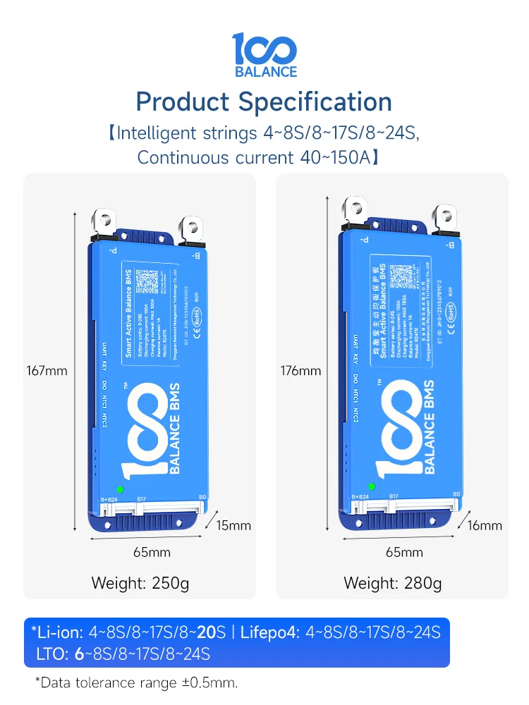 Custom sample   8-24S bms 150A built in bt smart Active BalanceBMS 4-8s 8-17S 1A BT BMS bms 4.3 inch Lifepo4 NMC Li-Ion