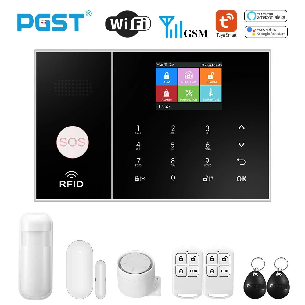Sistema de alarma PGST Smart Life para el hogar WIFI GSM alarma de seguridad Host con Sensor de puerta y movimiento Tuya aplicación inteligente control trabajo Alexa