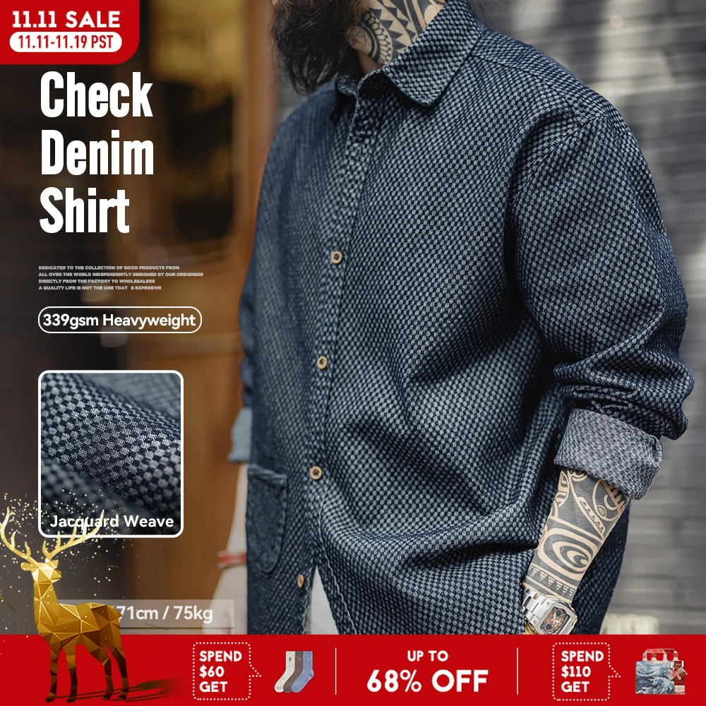 Maden Retro Checkered Long-sleeved Denim Shirt Loose Lapel Single-breasted Jacket for Men Spring and Fall Versatile Outerwear