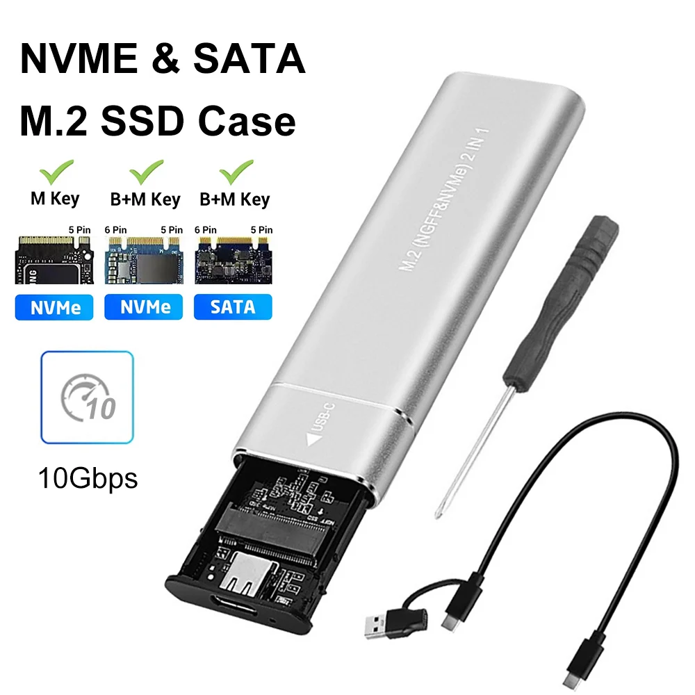Корпус M2 SSD с двумя протоколами NVMe SATA SSD Адаптер корпуса 10 Гбит/с USB 3.1 Type C Внешний корпус M.2 Поддержка клавиш M Ключи B&M