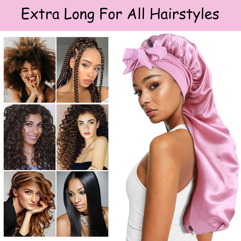 Gorro de satén largo y sedoso suave para cabello Natural y cabello rizado gorro de pelo de tamaño Extra grande con lazo para un sueño nocturno cómodo 1 Uds
