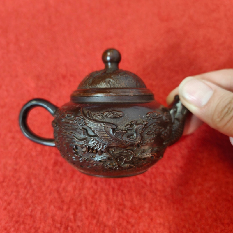 Vintage Pure Copper Teapot Dragon and Phoenix Auspicious Small Copper Teapot Dragon Flying Phoenix Dancing Wine Pot Copper Pot