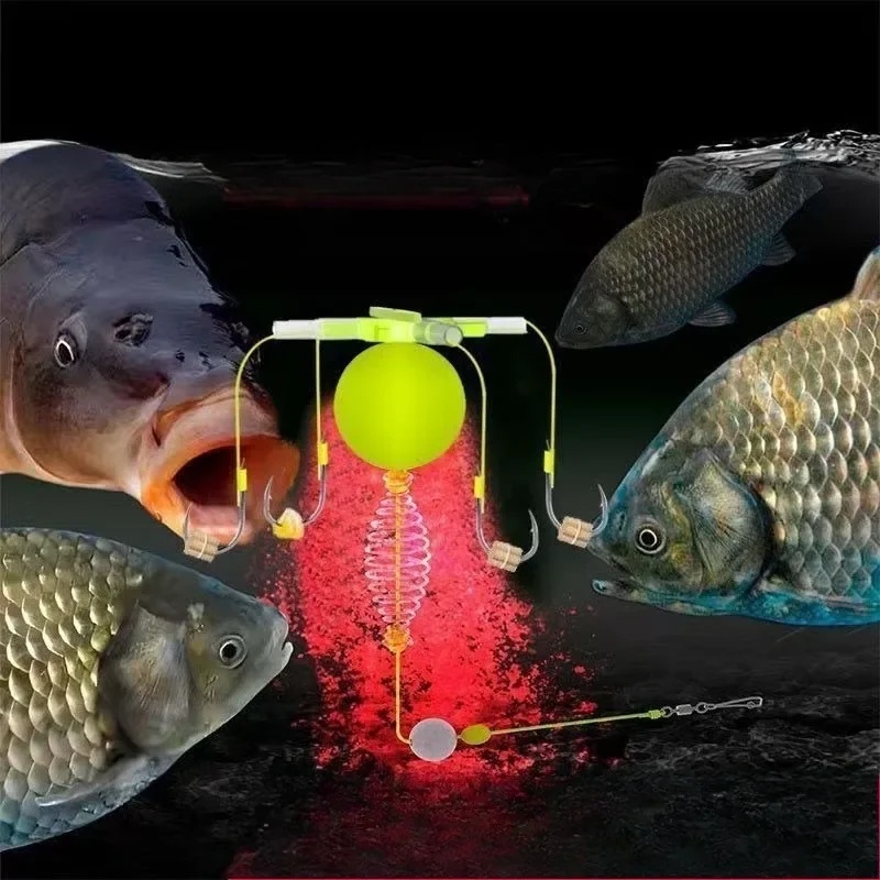 Jaula para cebo de pesca con gancho, cuatro anzuelos, línea de acero al carbono, alimentador de grupo, flotador afilado, jaula para cebo de pesca de primavera, mar