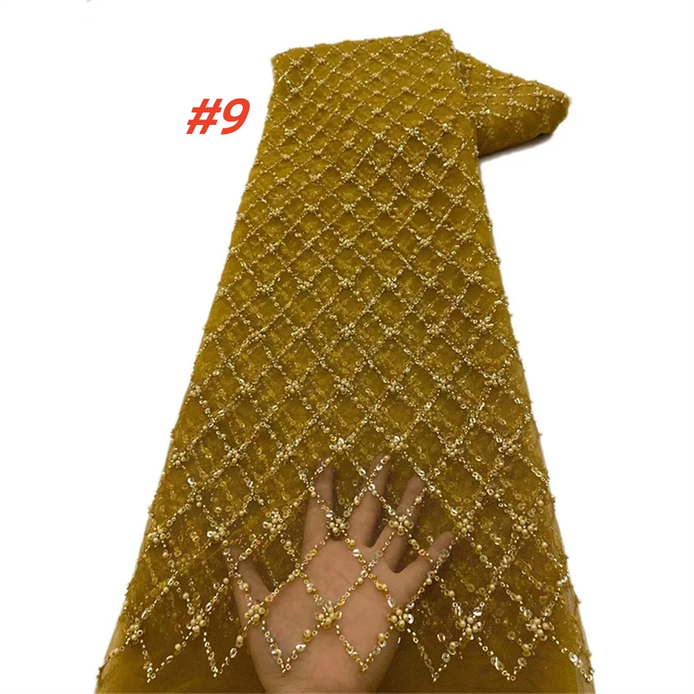Gouden Afrikaanse pailletten kant stof 2025, hoge kwaliteit Franse Nigeriaanse bruidegom kant mesh stoffen kralen voor het naaien van jurk bruiloft