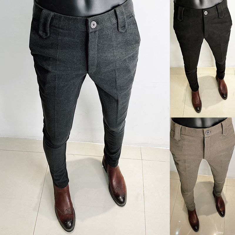 Otoño Invierno pantalones de traje gruesos hombres Casual Slim Fit Pantalones rectos Formal de negocios tela de lana pantalones de vestir de oficina Social