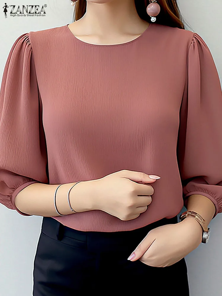 Zanzea elegante feminino manga bufante blusas 2025 verão 3/4 manga o pescoço textura enrugada blusas moda cor sólida túnica topos